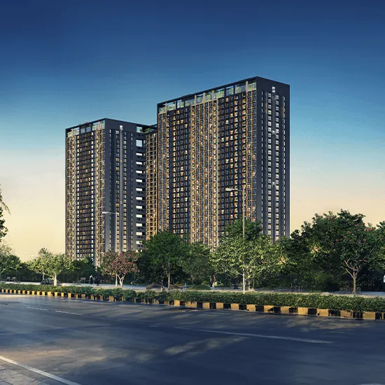 Purva Atmosphere, Thanisandra Road, artistic impression Purva Atmosphere on Thanisandra Road: two towers seen across a tree-lined road