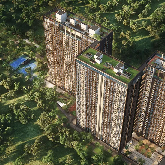 Purva Atmosphere, Thanisandra Road, artistic impression Purva Atmosphere on Thanisandra Road: the towers and podium from the air