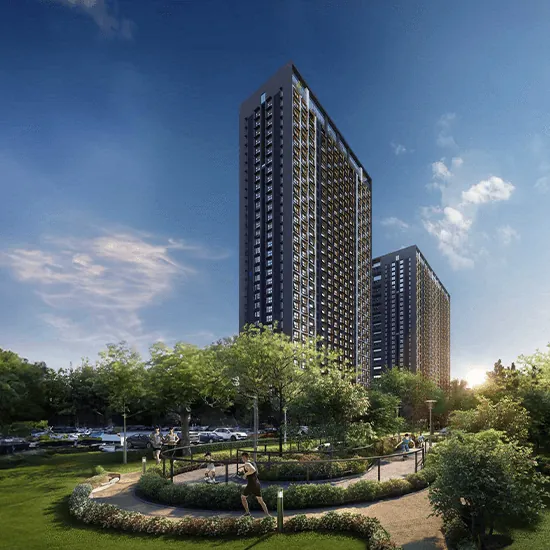 Purva Atmosphere, Thanisandra Road, artistic impression Purva Atmosphere on Thanisandra Road: a tower above lawns and a garden walk